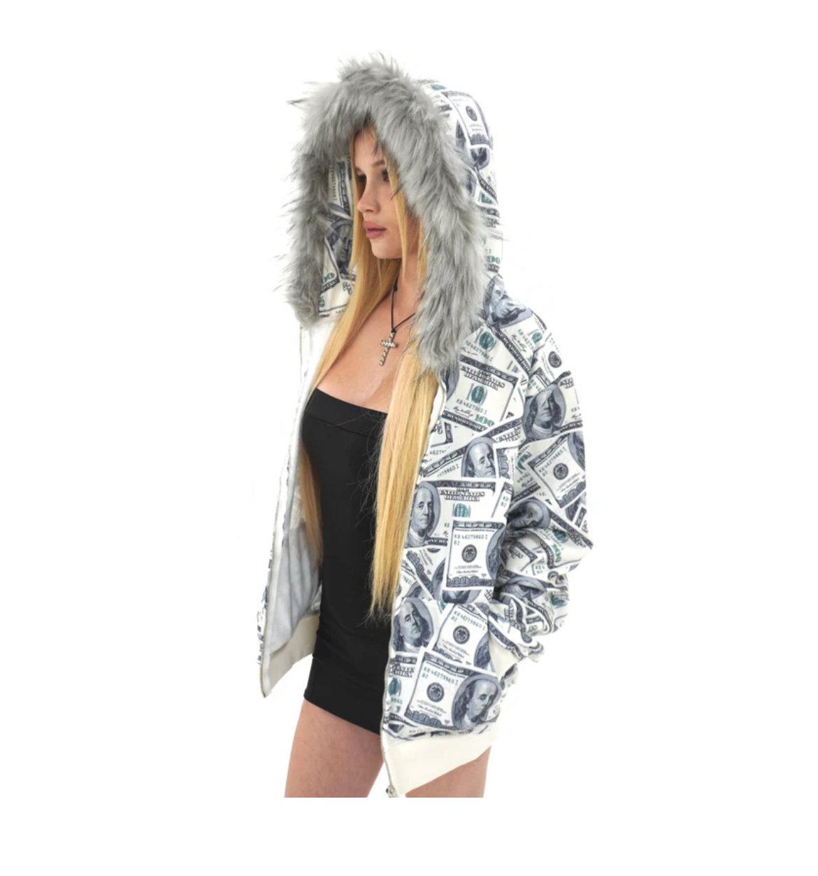 Money Print Fur Hoodie