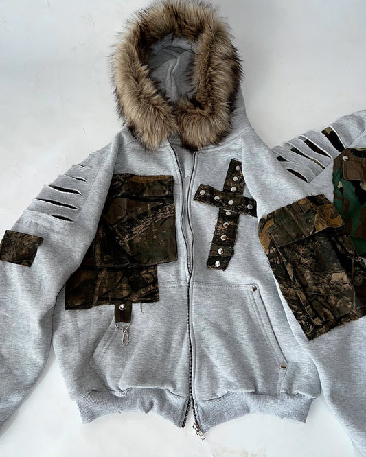 Camo Stitched Zip-Up Hoodie