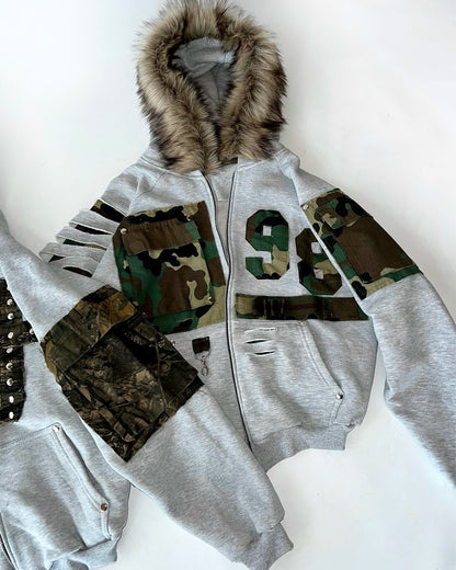 Camo Stitched Zip-Up Hoodie